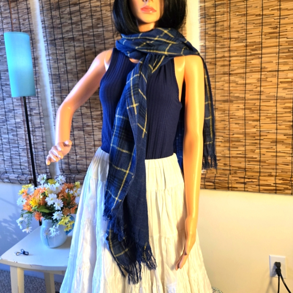 G.H. Bass Blue Plaid Scarf Shawl Wrap